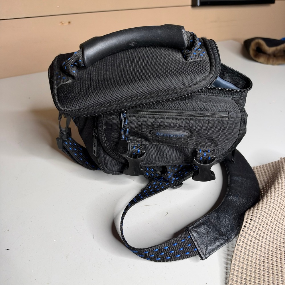 Samsonite Camera Bag Black Ballistic Nylon Blue Stitching Padded Shoulder Case